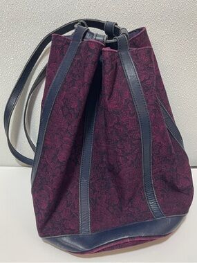 Laura Ashley Plum Floral Drawstring Shoulder Bucket Bag with Navy Trim